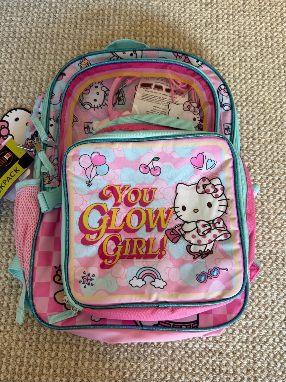 Hello Kitty 4-Piece 17" Backpack Set with Lunch Tote Headphones and Keychain NEW